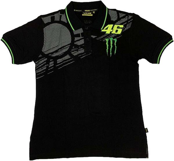 VR46 MONSTER ENERGY モンスターエナジー メッシュデザインVR46×モンスターエナジー 半袖 ポロシャツ（ブラック） (XL) [並行輸入品]