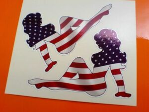 送料無料 海外 アメリカ 国旗 ガール USA 90mm x2 ステッカー