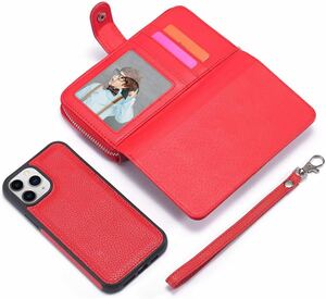 iPhone 13 Pro レザーケース アイフォン13 プロ　ケース 手帳型 お財布付き カード収納 財布型 赤