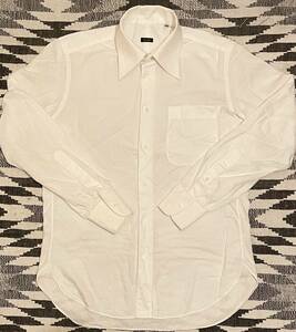 コットン裾マチ付きアンティーク背プリーツ織り柄ストライプ地柄ドレスシャツM:38サイズ生成りナチュラル白ワイシャツ上位種ビンテージ仕様