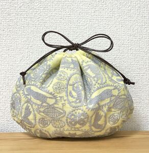 ★ ハンドメイド 巾着 袋 しじみ型 jungle relief イエロー 刺繍 ★ ミナペルホネン ジャングルレリーフ 生地 はぎれ ハギレ 使用 mina