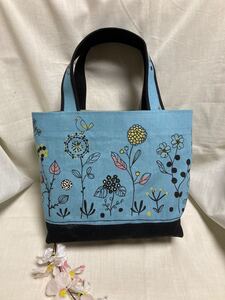 ☆ランチバッグ(トートバッグ)・(野の花B)・マイボトルを持って ハンドメイド ミニトートバッグ