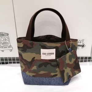 迷彩×デニム柄★ミニポーチ付き★ミニトートバッグ★ハンドメイド