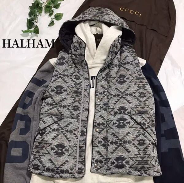 美品★ HALHAM ハルハム ダウンベスト モコモコ 幾何学模様 秋冬 L フード着脱 ユニセック 男女兼用 古着