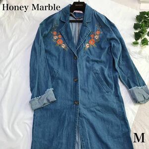 ハニーマーブル Honey Marble 花刺繍 デニムロングコート デニムジャケット 体型カバー 可愛い刺繍 M ゆったり 