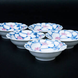 【値下げ交渉有り】 明治~大正期 幻の源六焼 富永源六 造 染錦 花散らし 輪花 豆皿 5枚 合箱