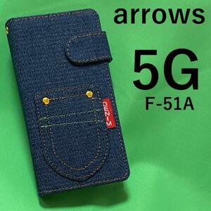 arrows 5G F-51A (docomo) デニムデザイン手帳型ケース/落下防止に便利なストラップホール付き♪