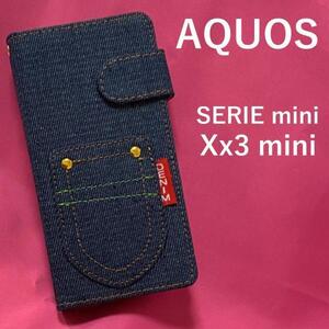 AQUOS SERIE mini /Xx3 mini デニム柄 手帳型ケース/落下防止に便利なストラップホール付き♪