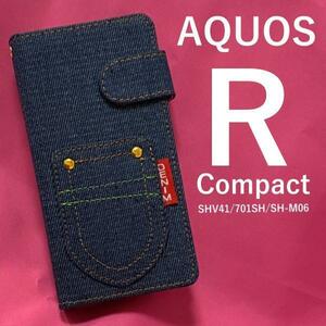 AQUOS R compact SHV41/701SH デニム柄 手帳型ケース/落下防止に便利なストラップホール付き♪