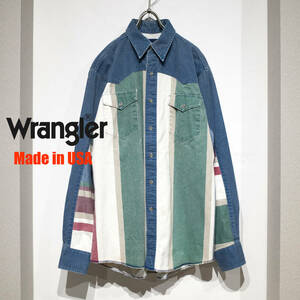 [USA производства ]M / 90*s Wrangler Wrangler Denim рубашка в ковбойском стиле мульти- полоса цвет переключатель синий белый зеленый чай Vintage 