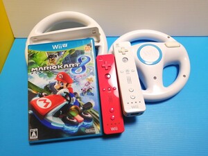 ニンテンドー WiiU WiiUソフト マリオカート8 Wiiリモコン白 Wii リモコンピンク Wii ハンドル 2個
