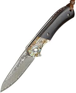 【新品 送料無料】LAGERFEUER アワビ×ウッドハンドルのフォールディングダマスカスナイフ ケース付き 折り畳みナイフ アウトドアナイフ
