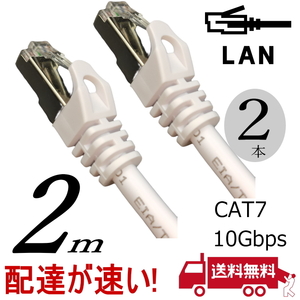 お買い得【2本セット】LANケーブル 2m Cat7 高速転送10Gbps/伝送帯域600Mhz RJ45コネクタツメ折れ防止 ノイズ対策シールドケーブル 7T02x2