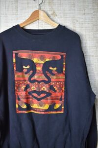 ☆ビッグサイズ 古着 OBEY オベイ スウェット トレーナー デカフェイス プリント デカプリント ブラック黒 訳アリ【XL】裏起毛　　◆3228◆