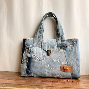 トート バッグ トートバッグ ハンドメイド デニムリメイク デニム ハンドメイドバッグ フラップ リメイク ジーンズ タブレット