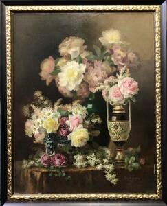 【希少 アンティーク油絵】Paul de Longpr 　画題「Still Life with Roses」　真作