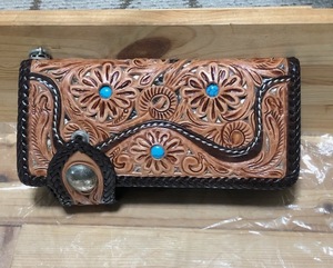 本革レザー カービング ロングウォレット ターコイズ