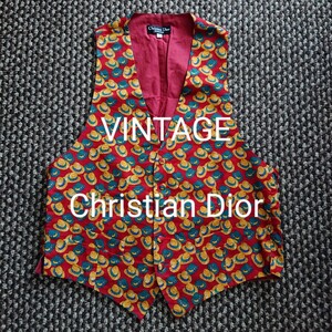 ビンテージ Christian Dior ストローハット柄ベスト ジレ レトロ