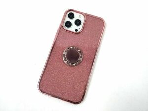 iPhone 13 Pro Max用 スマホリング付き ラインストーン キラキラ ソフトカバー ケース ピンク