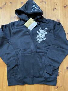 ★ ED HARDY エドハーディー　zipパーカー　裏起毛　M 黒　ED1361 ドクロ