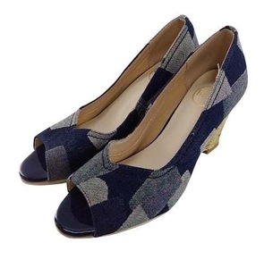 SG1139# new goods lady's shoes open tu Denim style pumps pinafoa heel heel to raise 24.0cm size navy / white 