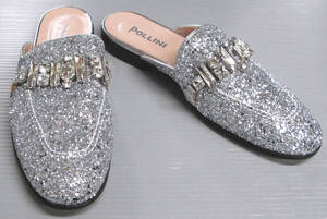 ポリーニ：銀ラメ 石付き サンダル 38 新品 （ 未使用 パンプス 本革 POLLINI Silver Glitter Leather Sandals 38 Brand New MADE IN ITARY