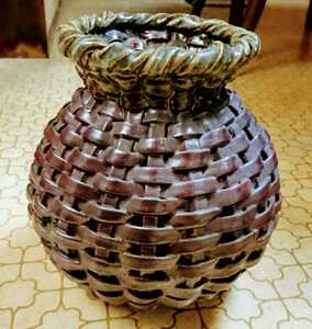 益子焼 竹籠風（びく形）飾り壺 骨董品 アンティーク コレクション