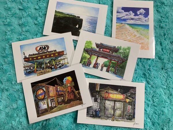 ポストカード 6枚セット 沖縄の風景 守礼門 A&W ブルーシール 万座毛 海 砂浜 山羊料理