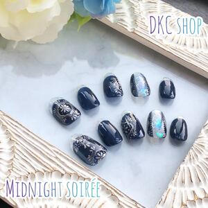 ネイルチップ+両面シール ☆Midnight soire☆ ホロ 紺 モロッカン シルバー フレンチ 付け爪 ジェルネイル
