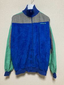 80's ヨーロッパヴィンテージ adidas アディダス ハイネック トラックジャケット 80's adidas フランス製 ベロアジャージ 青 L / VENTEX