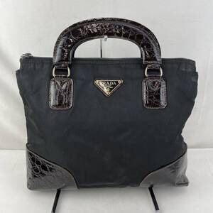 PRADA プラダ ロゴプレート ハンドバッグ ナイロン クロコ 型押し ブラック レディース ブランド