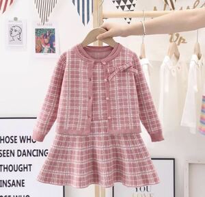 * new goods * free shipping * pretty 2 piece knitted One-piece! Kids child girl stylish on goods formal sweater check top and bottom set pink 120