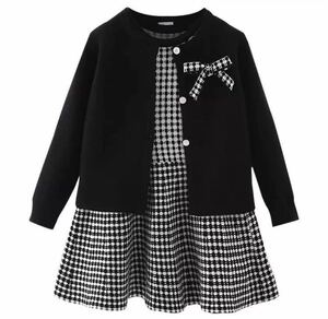 * new goods * free shipping * pretty 2 piece knitted One-piece! Kids child girl stylish on goods formal sweater thousand bird .. top and bottom set black 140