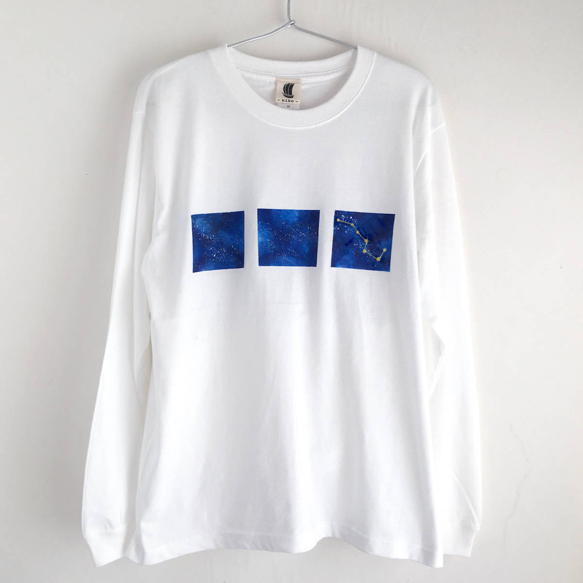 Big Dipper Pattern T-Shirt, White, S Size, Hand-painted Long Sleeve T-Shirt, Ribbed Sleeves, Long T-Shirt, Seven Stars, Space, T-shirt, long sleeve, S size