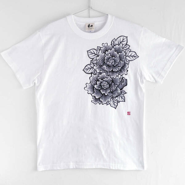 メンズ Tシャツ Lサイズ 牡丹柄手描きTシャツ ホワイト 手描きで描いた牡丹の花柄Tシャツ 和柄