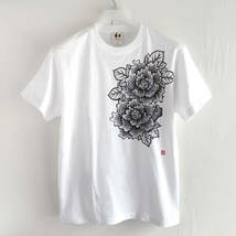 メンズ Tシャツ XXLサイズ 牡丹柄手描きTシャツ ホワイト 手描きで描いた牡丹の花柄Tシャツ 和柄_画像4