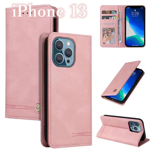 iPhone13　アイフォン　レザーケース　カバー　スマホケース　手帳型　耐衝撃　保護　ピンク