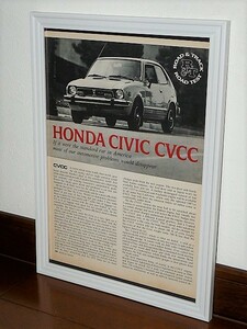 1975年 USA 70s vintage 洋書雑誌記事 額装品 Honda Civic ホンダ シビック / 検索用 店舗 ガレージ 看板 サイン ディスプレイ ( A4size )