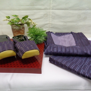 和装 両コート二部式&下駄セット パープル系縞模様 中古品