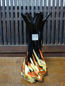  Showa Retro marble glass vase black orange yellow flower base one wheel .. dry flower interior display furniture antique 