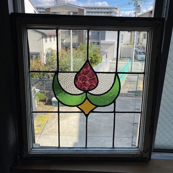 7S-323ステンドグラス 花草柄/イギリス/英国/アンティークガラス 横幅535mm 高さ564mm