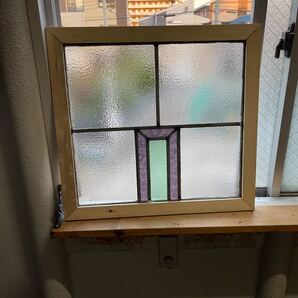 7S-418 アンティークステンドグラス 幾何学模様/格子柄/イギリス/英国/アンティークガラス 1920年代 横幅475mm 高さ443mm