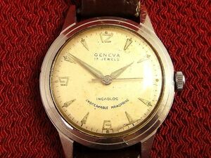 稀少★1960年代 GENEVA スイス製17石 手巻きアンティーク腕時計ウォッチ シルバーカラー メンズ男性用
