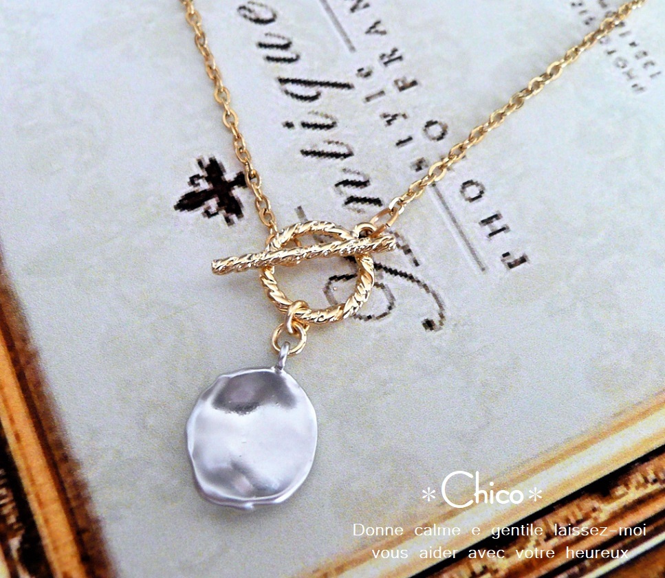 ◆43.5cm◆【16KGP Chain】Matte Silver Circular Charm & Gold Mantel Handmade Necklace ♪ ★Free Shipping for 2 or more items!, Women's Accessories, necklace, pendant, Silver