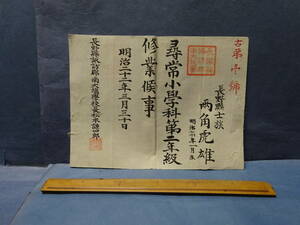 （９）長野県士族　諏訪郡南大塩學校　古第壱號　修業證書　和紙に木版刷り　折り目があります。