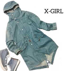 314 【X-GIRL】 エックスガール デニム ブルゾン モッズコート ジャケット アウター 1 ブルー ロゴ刺繍 ストレッチ レディース