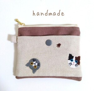 ミニポーチ ハンドメイド 小銭入れ カード入れ 猫 帆布