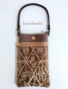 スマホポーチ ハンドメイド ミナペルホネン symphony 刺繍 帆布 ショルダーポーチ
