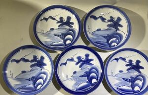  Imari blue and white ceramics landscape ..22cm large plate 5 customer west .A