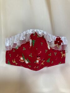 立体インナー ルシアン クリスマス柄 赤 サテンギャザーレース お花飾り ハンドメイド